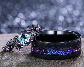 Alexandrite Couple Ring Set, Fire Opal Tungsten Wedding Bands