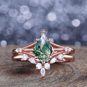 Kite Moss Agate Engagement Ring Set,Unique Rose Gold Leaf Moissanite Wedding Band Cluster Ring Women Bridal Ring Set Handmade Jewelry gift