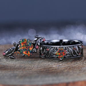 2PCS Unique Black Fire Opal Couple Ring Gothic His&Her Matching Wedding Rings Fire Opal Bridal Promise Band Engagement Ring Anniversary Gift