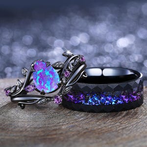 Unique Lavender Purple Opal Couple Rings His&Her Matching Wedding Ring Men&#39;s Tungsten Ring Fire Opal Engagement Ring Stacking Rings Custom