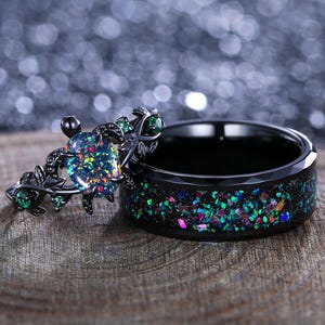 Black Fire Opal Couple Ring Set His&Her Matching Wedding Band Unique Opal and Opal Tungsten Engagement Ring Unique Turtle design Bridal Ring