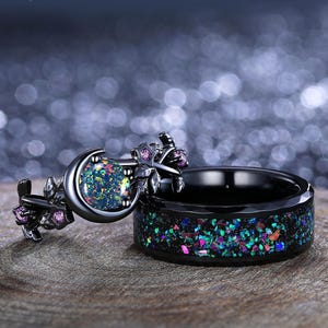 Unique Black Fire Opal Couple Ring His&Hers Matching Wedding Ring Crescent Moon Leaf Design Ring Opal Men&#39;s Tungsten Vermeil Couples Ring