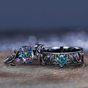 2pcs Unique Oval Black Fire Opal Couple Ring Set His&Her Matching Wedding Ring Set Bridal Promise Band Opal Engagement Ring Anniversary Gift