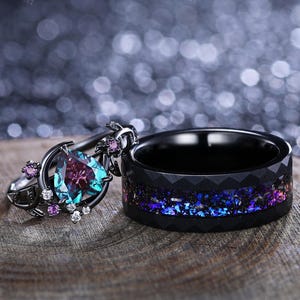 Alexandrite Couple Ring His&Hers Matching Wedding Band Unique Alexandrite and Fire Opal Tungsten Engagement Ring Crescent Moon Bridal Ring