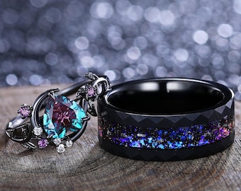 Alexandrite Couple Ring His&hers Matching Wedding Band Unique