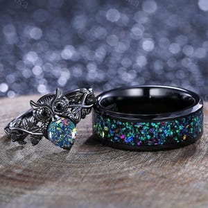 Black Fire Opal Couple Ring Set His&Hers Matching Wedding Band Unique Gothic Owl Branch Design Opal Engagement Ring Fire Opal Tungsten Band