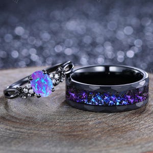 Lavender Opal Couple Rings Black Gold His&Her Matching Wedding Ring Unique Flowers Design Fire Opal Engagement Ring Mens Tungsten Ring
