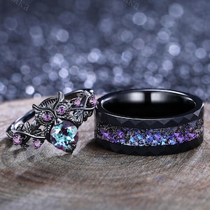 Alexandrite Couple Ring Set His&Her Matching Wedding Band Unique Gothic Owl Branch Design Ring Blue Tungsten Band Amethyst Engagement Ring