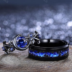 Unique Blue Sapphire Engagement Ring Sapphire Couple Ring His&Her Matching Wedding Tungsten Ring Crescent Moon Leaf Design Sapphire Ring