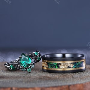 Vintage Emerald Couples Ring Set Emerald Engagement Ring Set His and Hers Matching Wedding Ring Matching Tungsten Vermeil Ring Custom