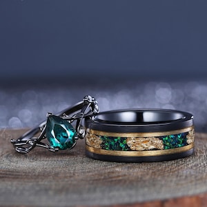 Pear Emerald Couple Ring Set Emerald And Green Tungsten Couple Ring His and Hers Matching Wedding Rings Exquisite Promise Rings Custom Ring