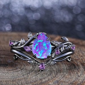 Vintage Pear Lavender Purple Opal Engagement Ring Set Unique Leaf Design Black Gold Cluster Ring Anniversary Gifts Women Bridal Promise Ring