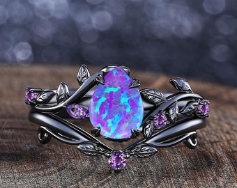 Vintage Birne Lavendel lila Opal Verlobungsring Set Einzigartige Blatt Design Schwarz Gold Cluster Ring Jahrestag Geschenke Frauen Braut Versprechen Ring