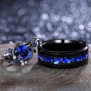 Vintage Sapphire Couples Ring Set His&Hers Matching Wedding Band Unique Sapphire And Sapphire Tungsten Tungaten Ring Crescent Moon Ring
