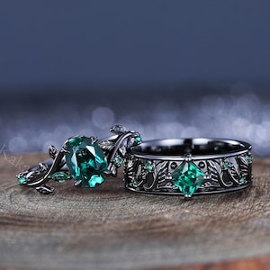 Emerald wedding ring set emerald couple ring set his&hers wedding ring engagement ring exquisite unique leaf design commitment ring custom