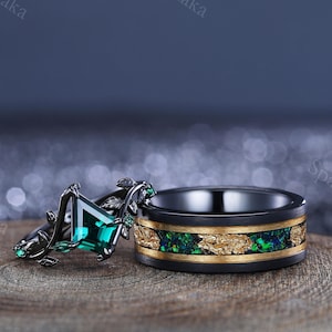 Emerald Couples Ring Set, Emerald And Emerald Tungsten Ring, Engagement Ring, Matching Wedding Ring, Birthstone Ring, Promise Ring For Her