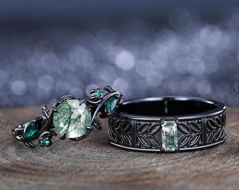 Moss Agate Couple Ring Moon Star Emerald Wedding Ring Set Bridal Promise Ring Men&Women Wedding Ring Leaf Vine Twig Nature Inspired Ring