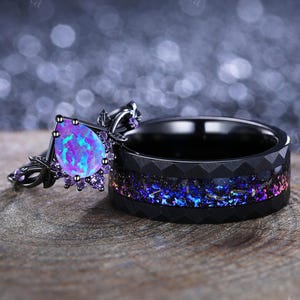 Lavender Purple Opal Couple Rings His&Her Matching Wedding Band Unique Black Gold Leaf Design Amethyst Engagement Ring Men’s Tungsten Band