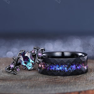 Unique Black Gold Alexandrite Leaf Couples Ring Set Blue Men&#39;s Tungsten Vermeil Couples Ring His and Hers Matching Wedding Ring Custom