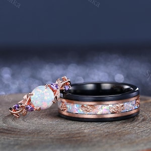 Vintage Opal Engagement Ring Leaf Design Ring White Opal Couple Ring Set His And Hers Wedding Band Set Anniversary Gift Bridal Promise Ring