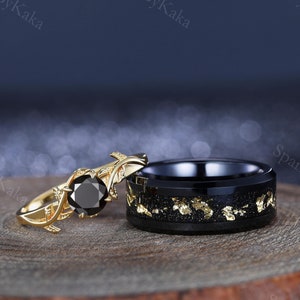 Unique Black Onyx Engagement Ring Set Couple Ring Set His&Hers Wedding Band Men&#39;s Tungsten Wedding Ring Bridal Promise Ring Anniversary Gift