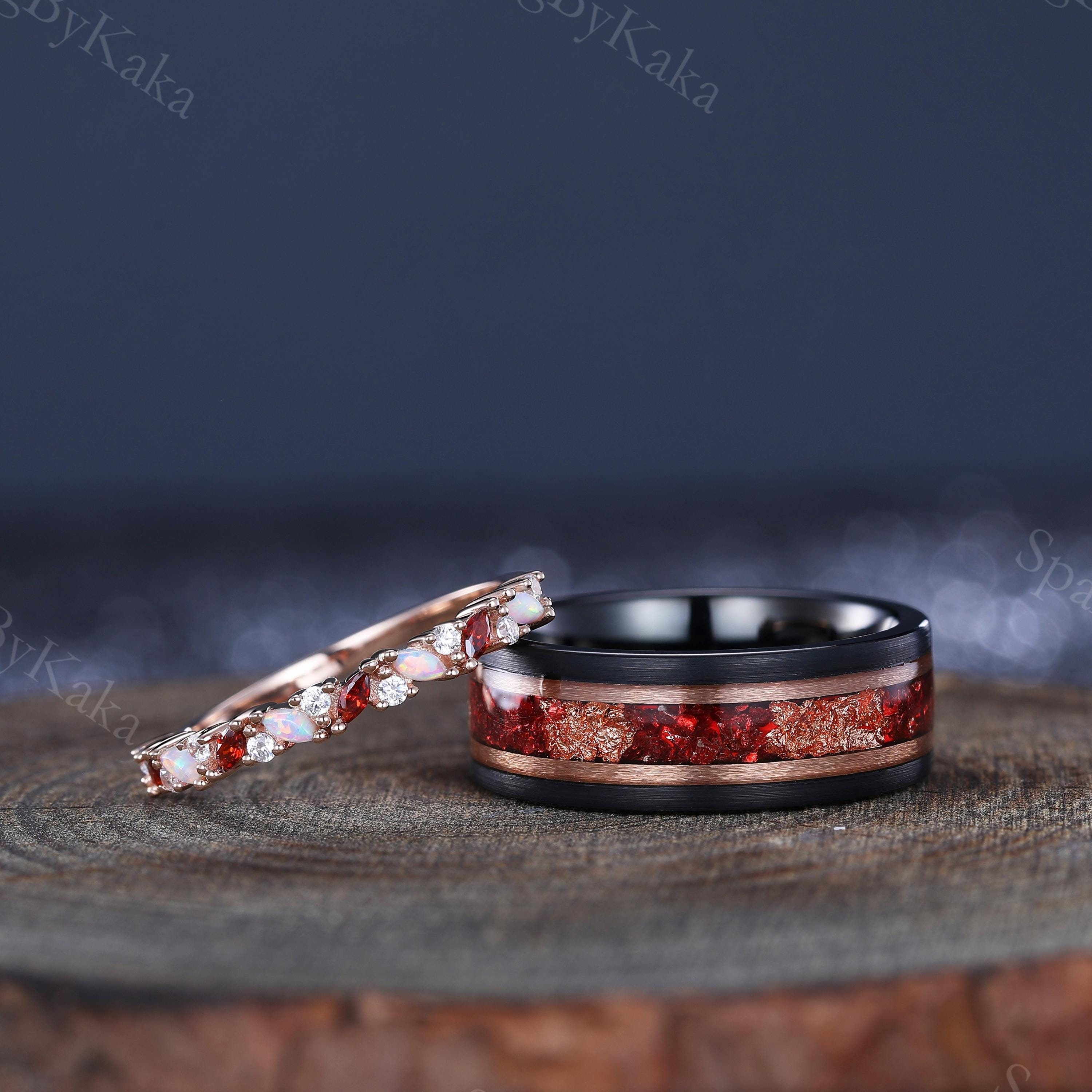 Handmade Garnet Opal Sterling Silver Couple Ring Set, Tungsten