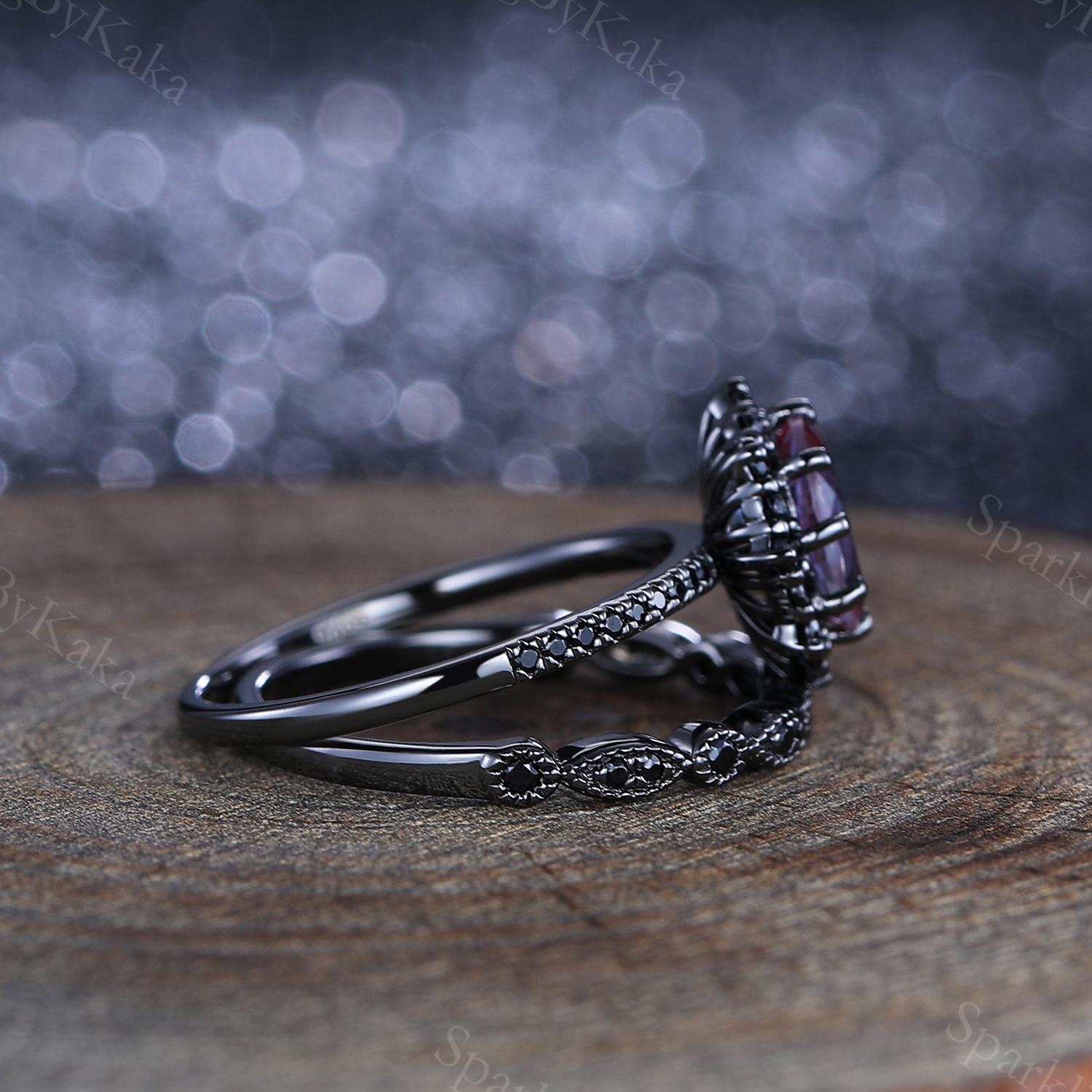 Gothic Fireworks Alexandrite Wedding Ring Set, 14K Black Gold
