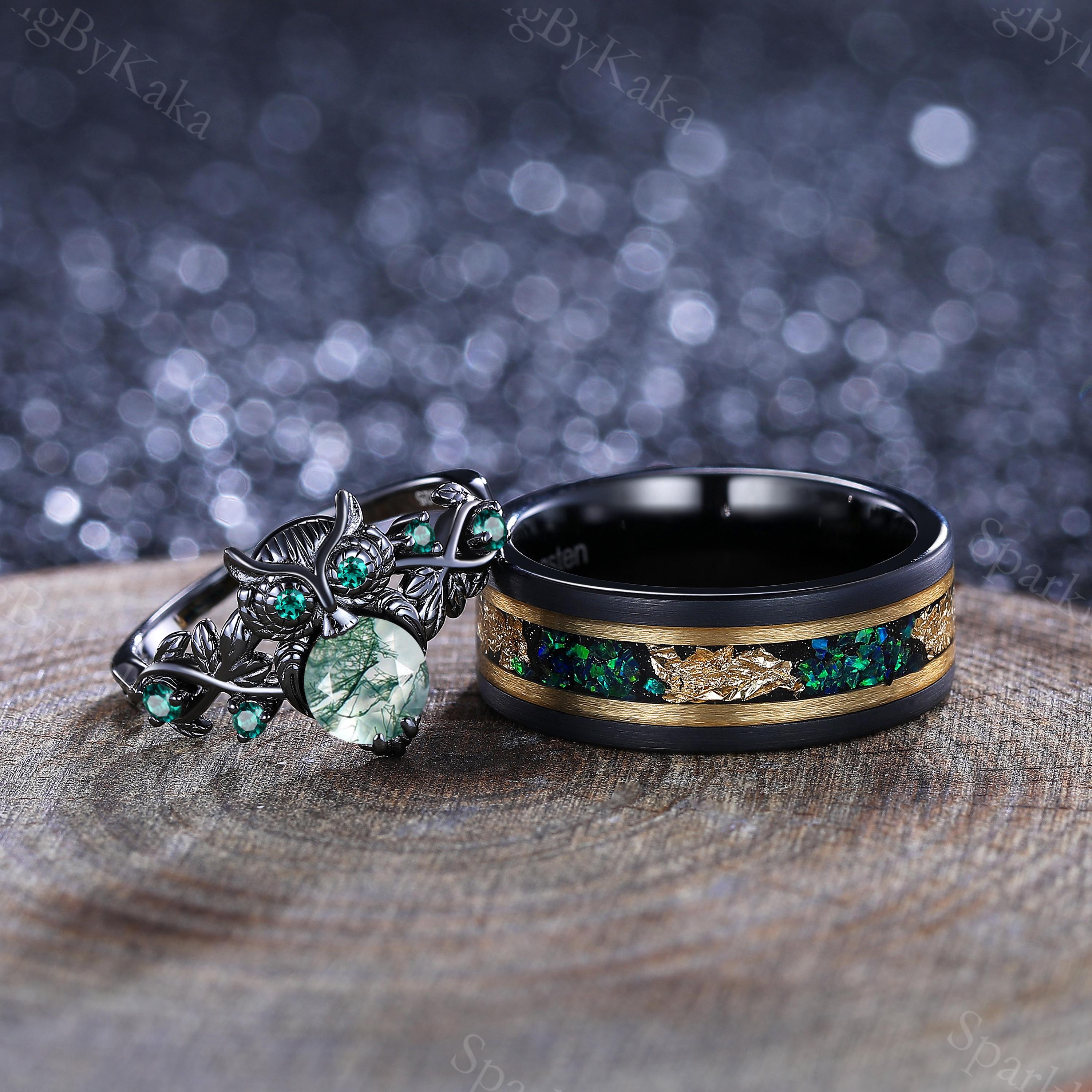 Moss Agate Couple Ring His&Her Matching Wedding Band Unique Gothic Owl Branch Design Emerald Rin