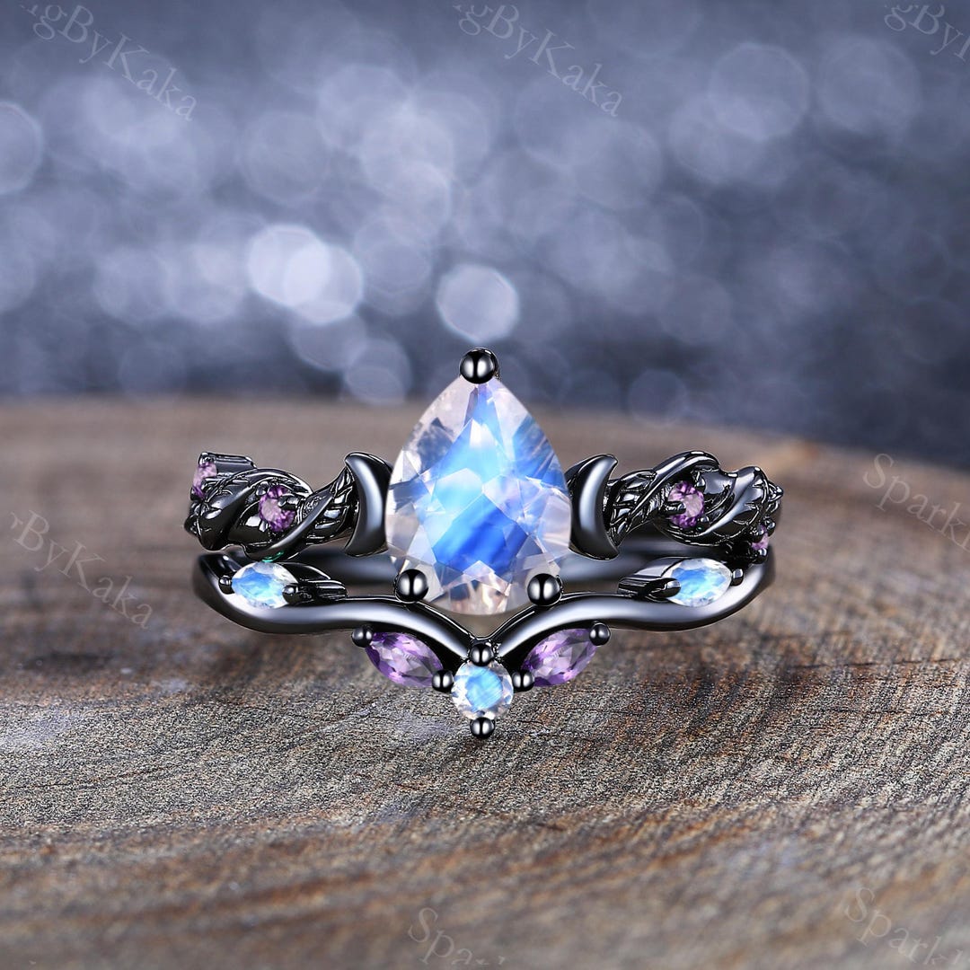 Moonstone Engagement Ring Set, Black Gold Crescent Moon Leaf Design - Etsy