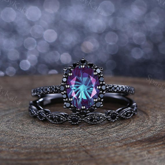 Gothic Fireworks Alexandrite Wedding Ring Set, 14K Black Gold