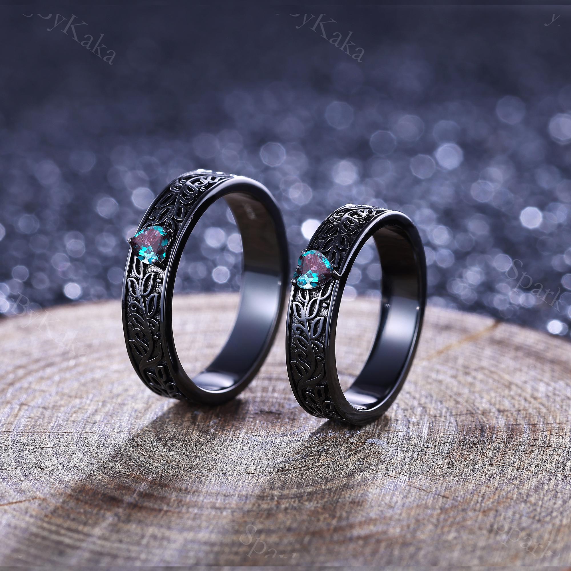 Alexandrite Couple Ring Set: Heart, Leaf Vine Design, Matching