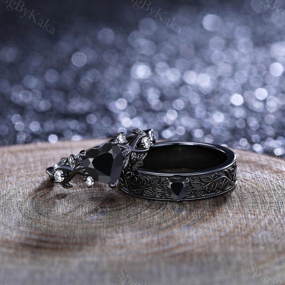 Gothic Black Onyx Couple Rings His&her Matching Wedding Ring
