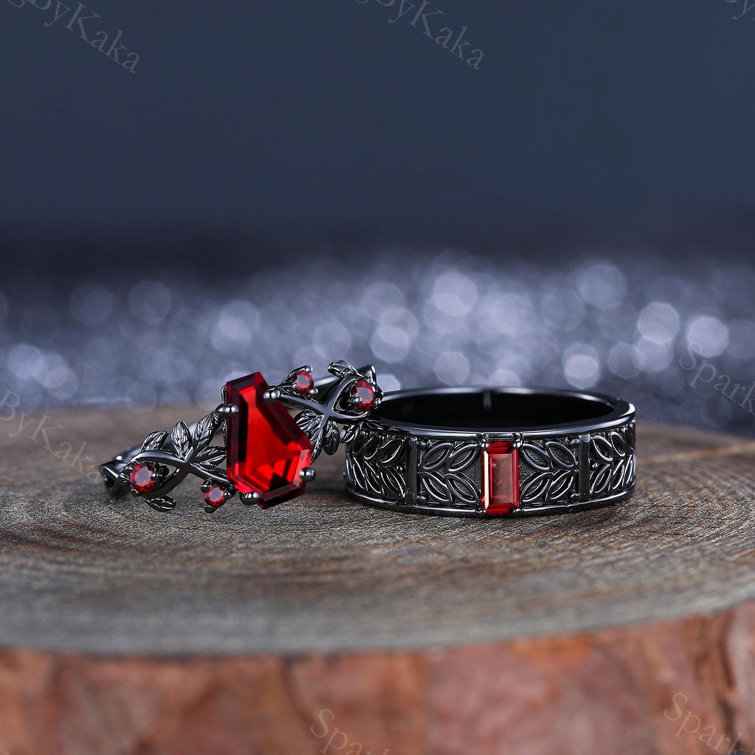 Vintage Coffin Garnet Matching Couple Rings Gothic His&her Wedding