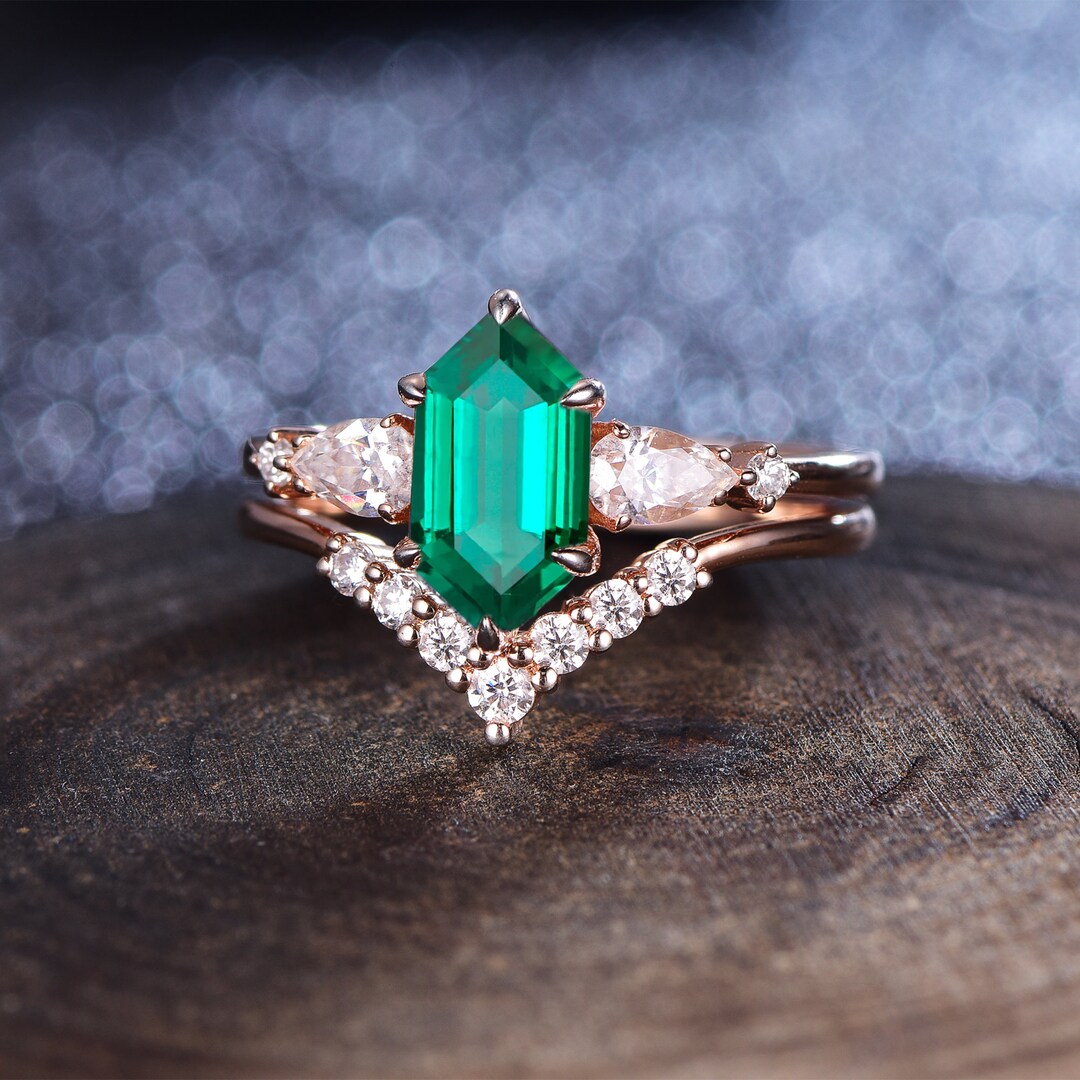 Art Deco Long Hexagon Cut Emerald Engagement Ring 14K Solid - Etsy