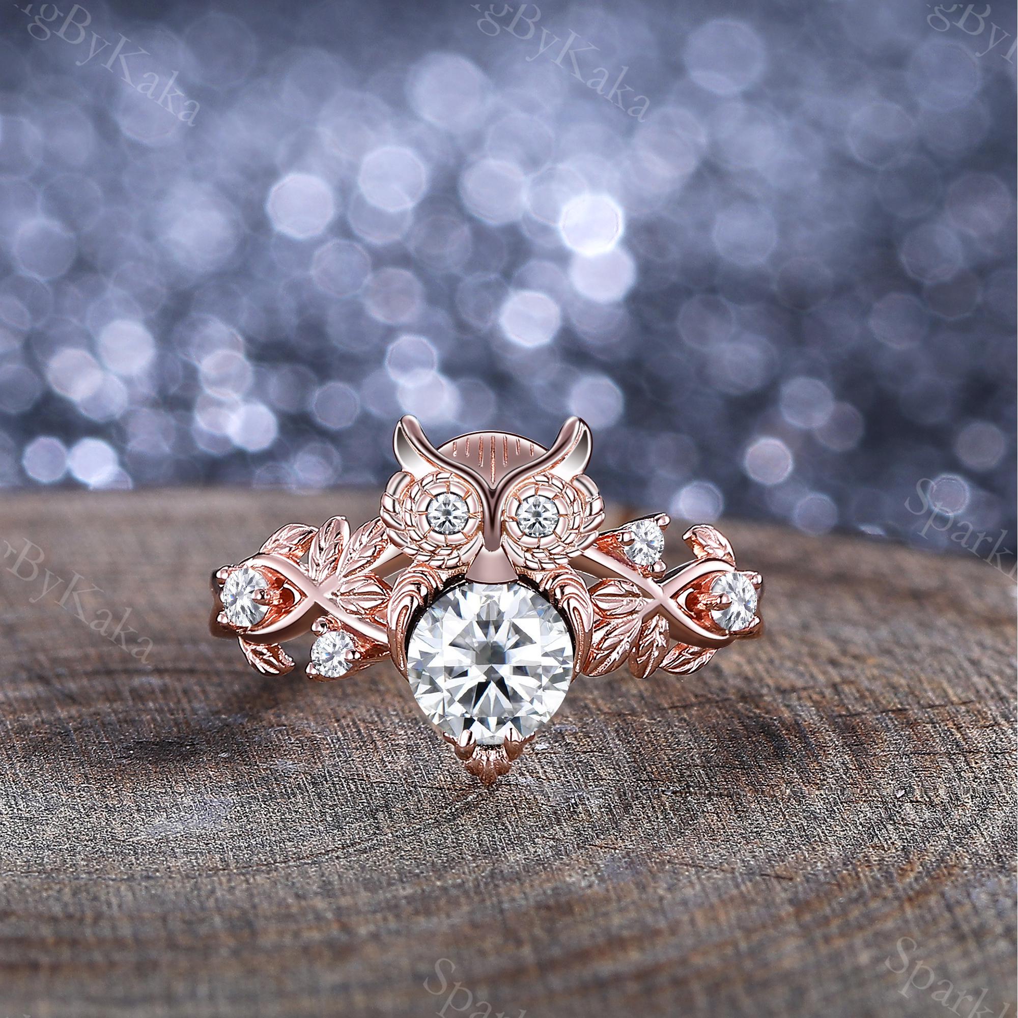 Round Moissanite Engagement Ring Unique Owl Branch Design Rose Gold Moissanite Cluster Ring Bridal P