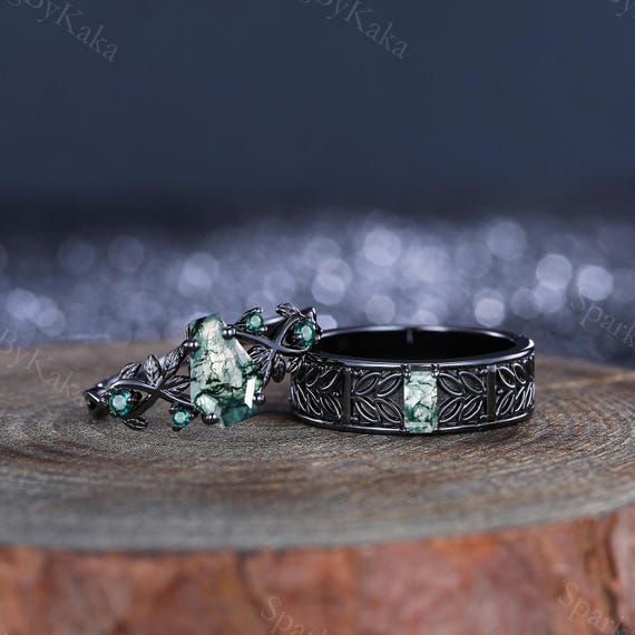 Vintage Coffin Moss Agate Matching Couple Rings Gothic Men and