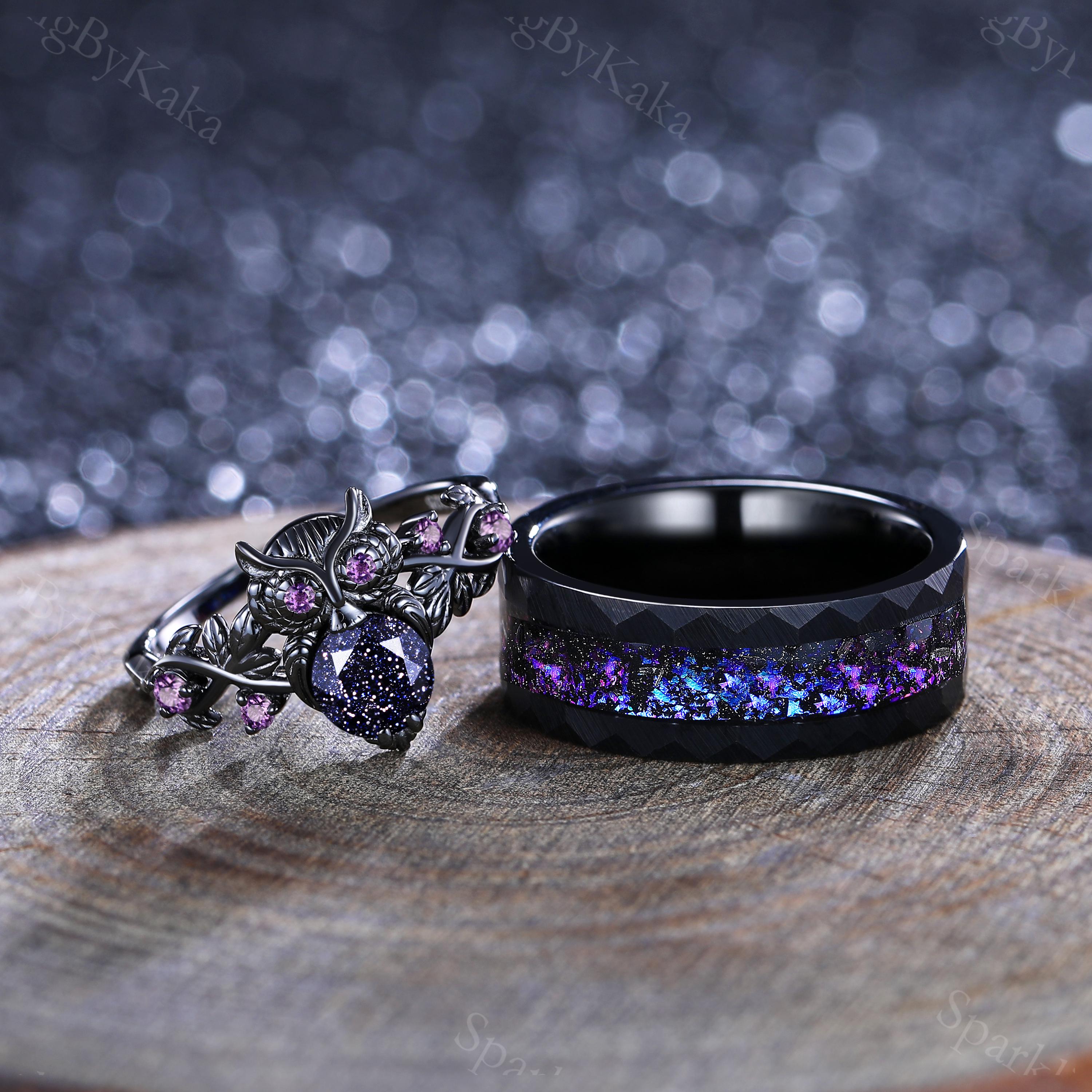 Blue Sandstone Owl Ring Set, Gothic Branch Design, Tungsten Wedding Band