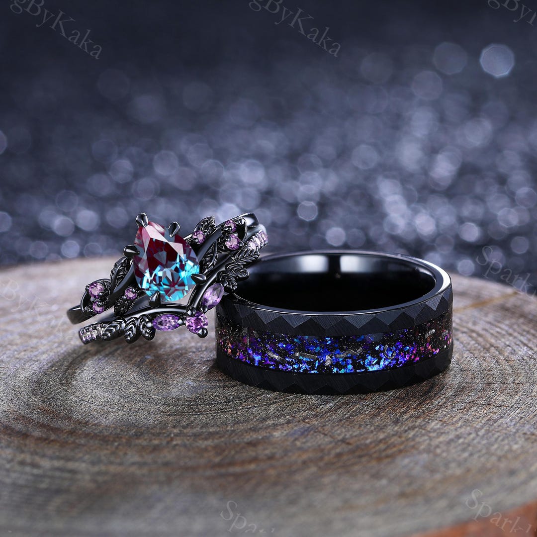 Alexandrite Pear Cut Couple Ring Set, Tungsten & Fire Opal Inlay - Etsy