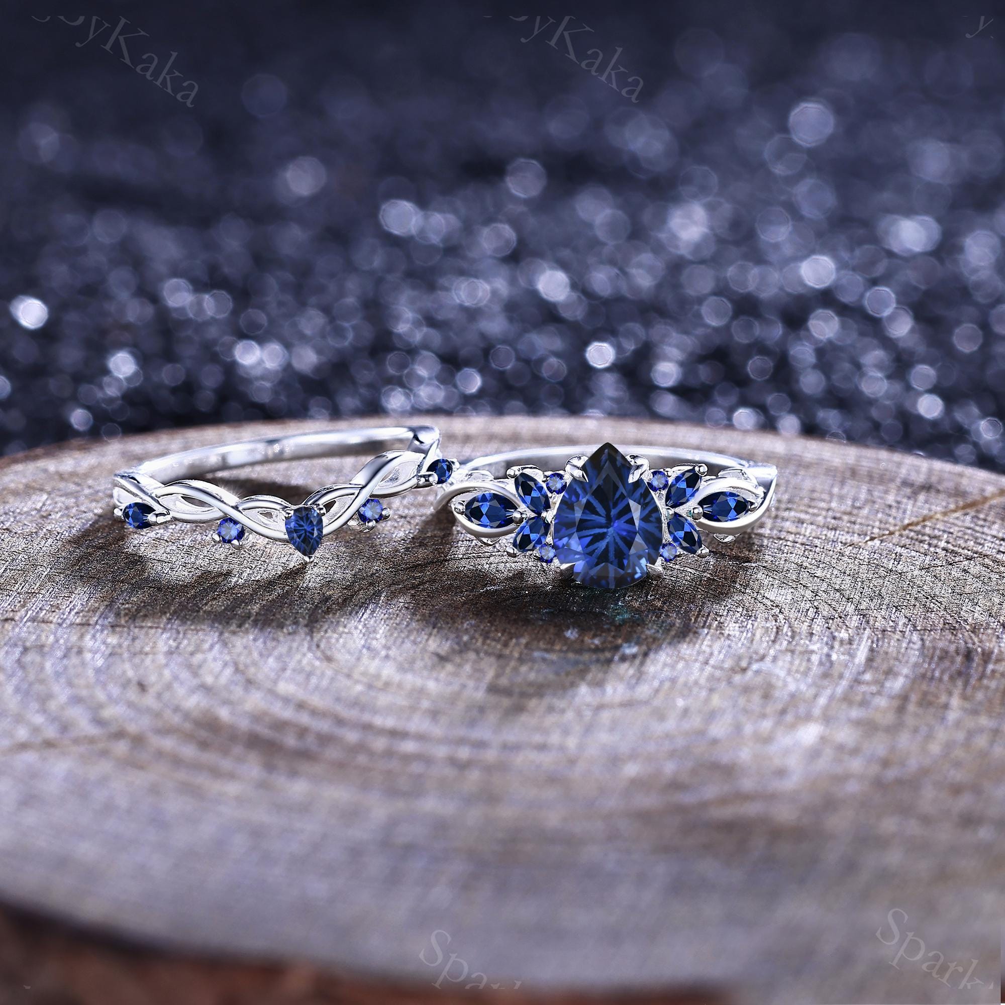 Vintage Firework Sapphire Engagement Ring Set Women Bridal Wedding Ring ...