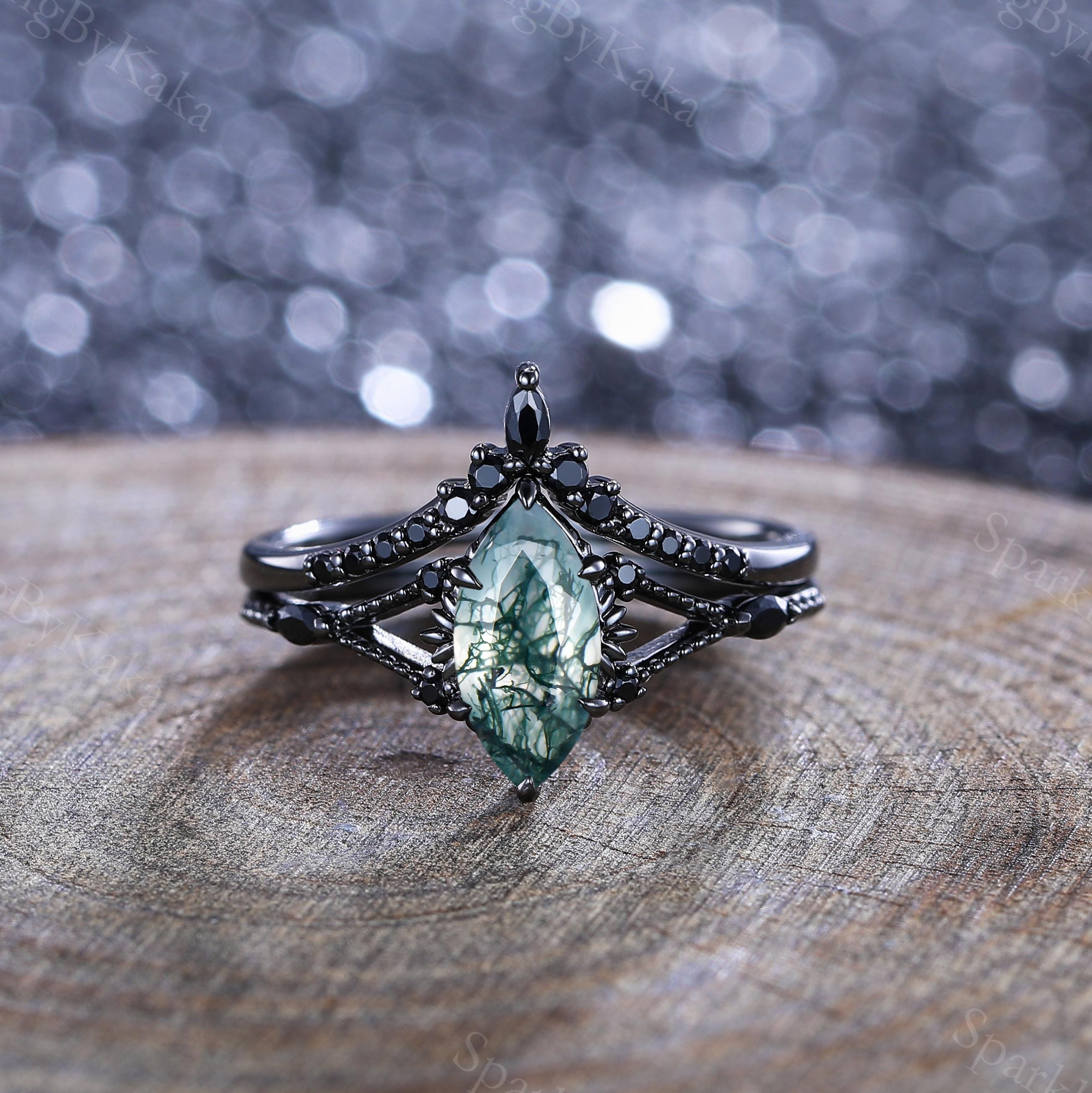 Marquise Moss Agate Engagement Ring Set, Black Gold Spinel Wedding