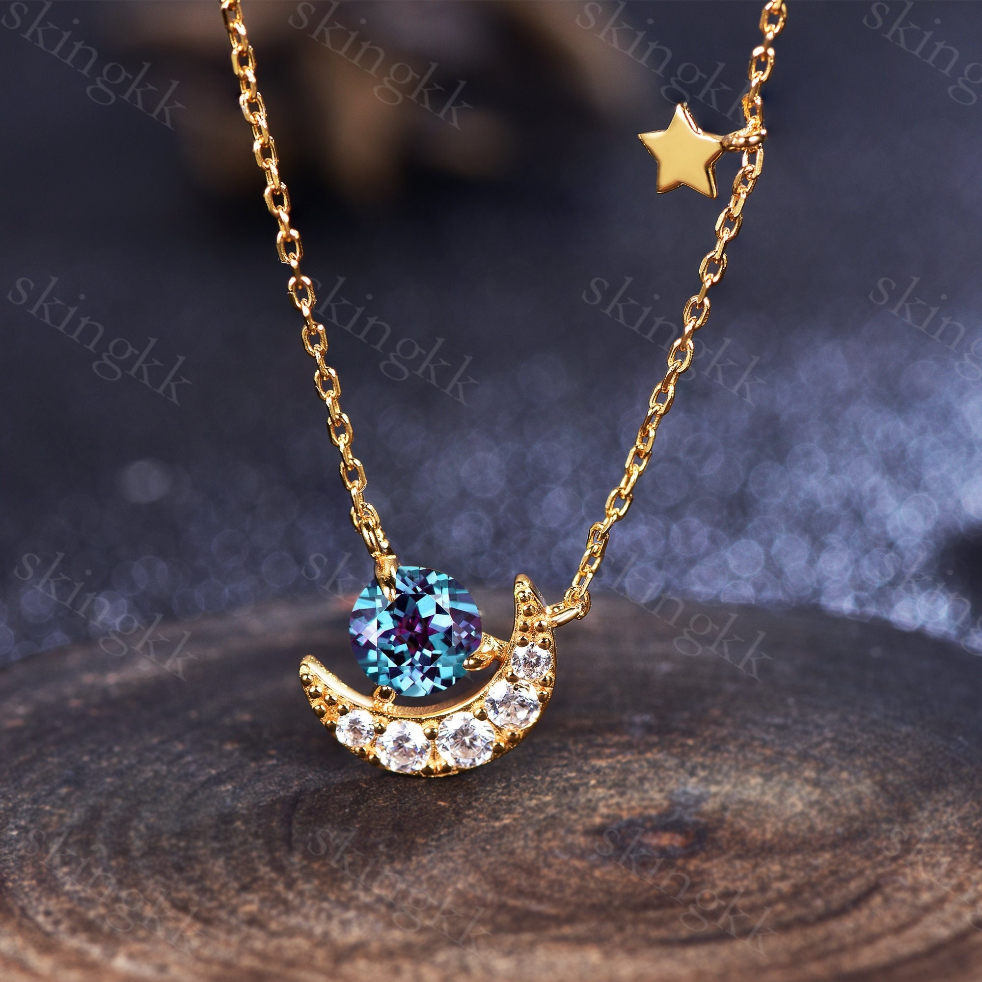 Handmade Alexandrite Moon Necklace, June Birthstone, Sterling