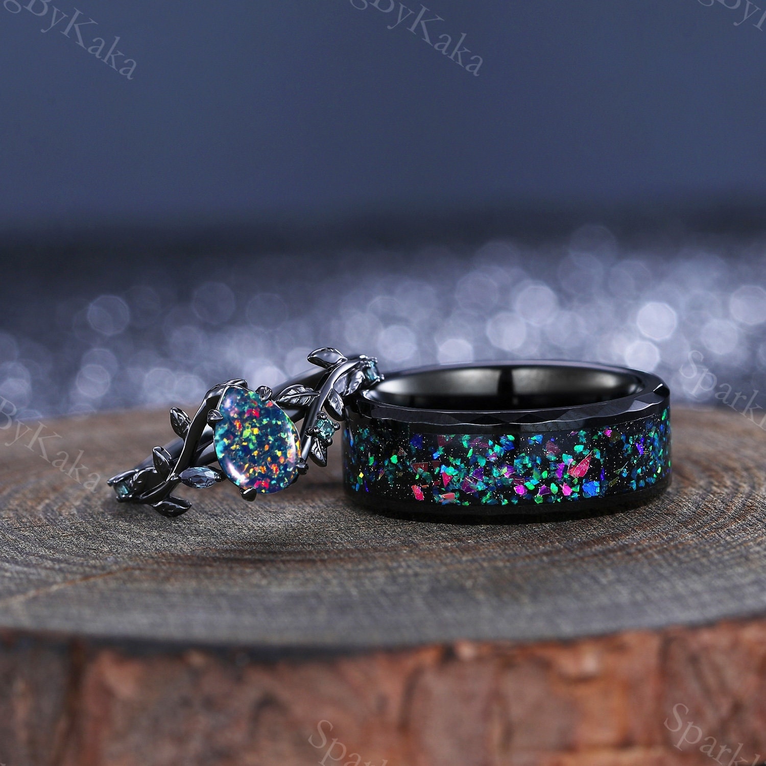 Black Gold Black Opal Couple Ring Set Men And Women Wedding Ring Set Engagement Ring Promise Ring Birthstone Ring Matching Ring Gift For Her