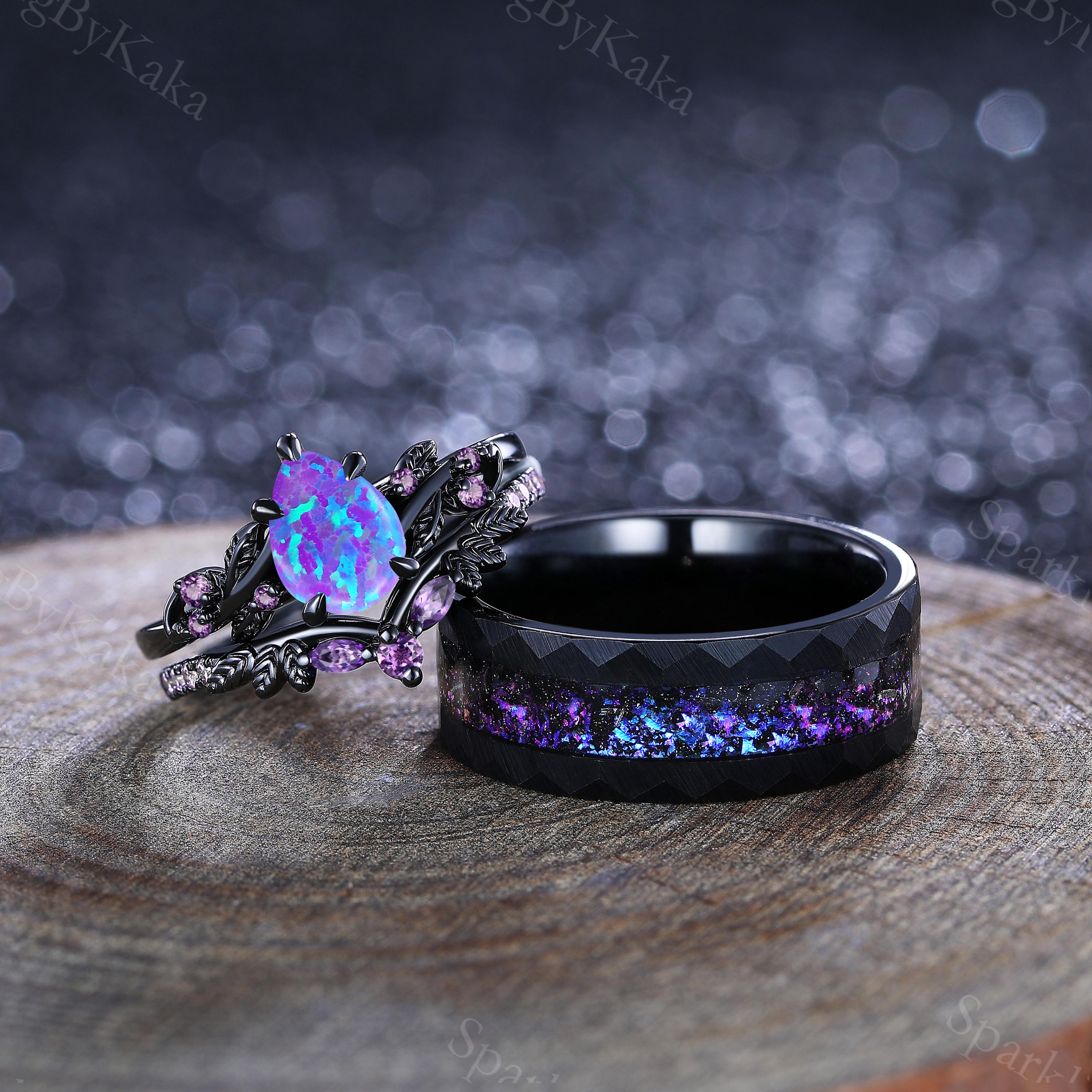 Black Gold Lavender Opal Couple Ring Set, Fire Opal Tungsten