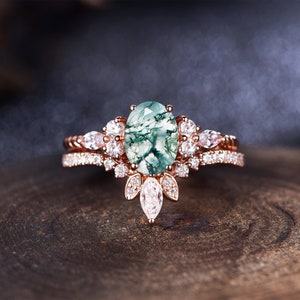 Unique Oval cut Natural Moss agate Engagement ring,14K Rose Gold Promise ring,Nature Inspired Ring,Anniversary gifts,Oval Ring Set