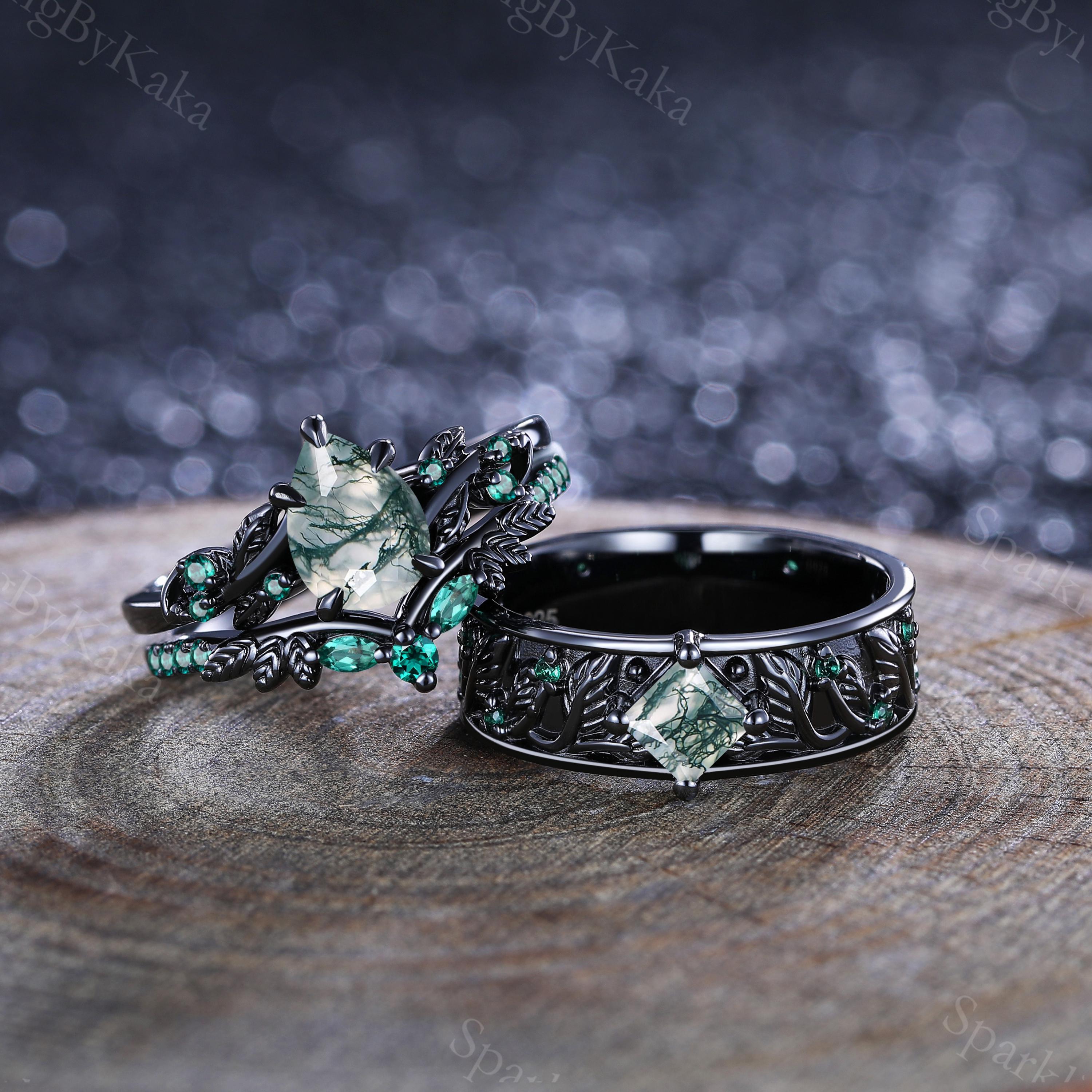 Unique Pear Moss Agate Couple Ring Gothic His&Her Matching Wedding Ring Set Emerald Engagement Ring Bridal Promise Band Anniversary Gift