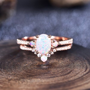 White Opal Engagement Ring Set, Rose Gold Rings for Women, Art Deco Stacking Band, Oval Cut Bridal Set, Unique Curved Wedding Band, Handmade