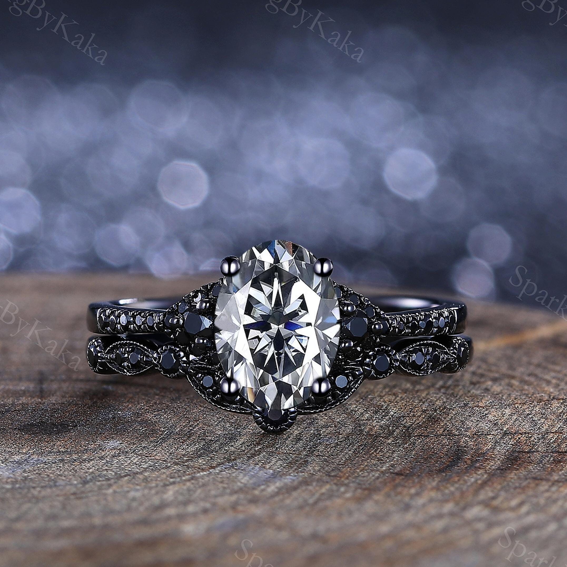 Vintage Black Gold Gray Moissanite Engagement Ring Set Unique Gray Moissanite Stacking Ring Women Bridal Wedding Ring Anniversary Gift