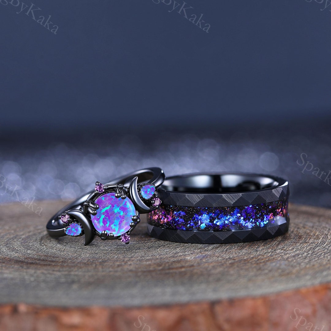 Handmade Lavender Opal Couple Ring Set: Sterling Silver Star Moon Ring ...