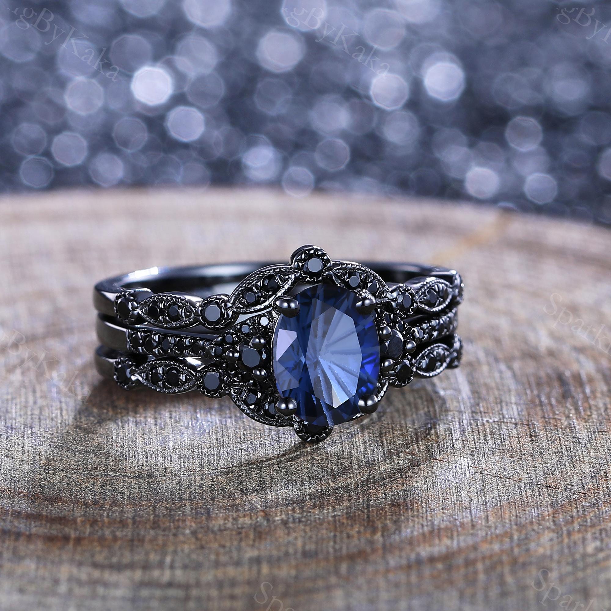 Handmade Gothic Sapphire Engagement Ring Set, Black Onyx Stacking