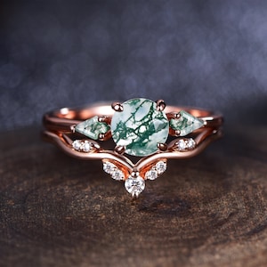 Unique Round Natural Moss agate Engagement ring,14K Rose Gold Promise ring,Nature Inspired Ring,Anniversary gifts,Round ring